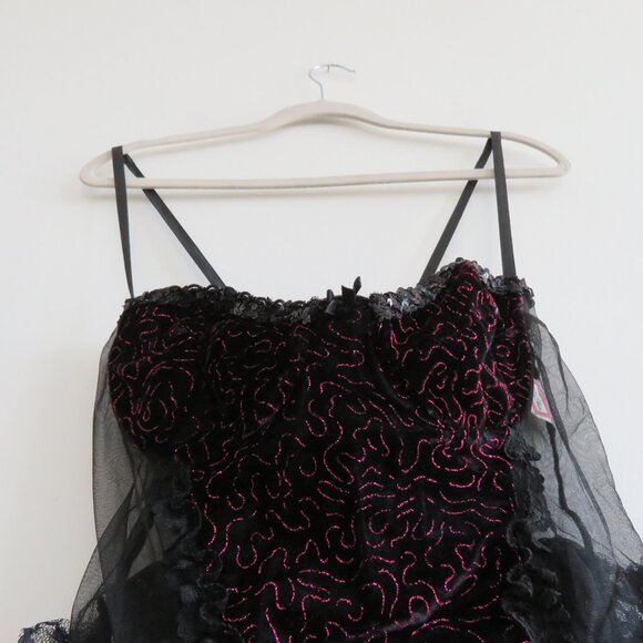 VINTAGE EMIL BOLE Lace Ruffle Black Mesh Velvet Metallic Bodysuit Teddy Goth - Picture 7 of 14